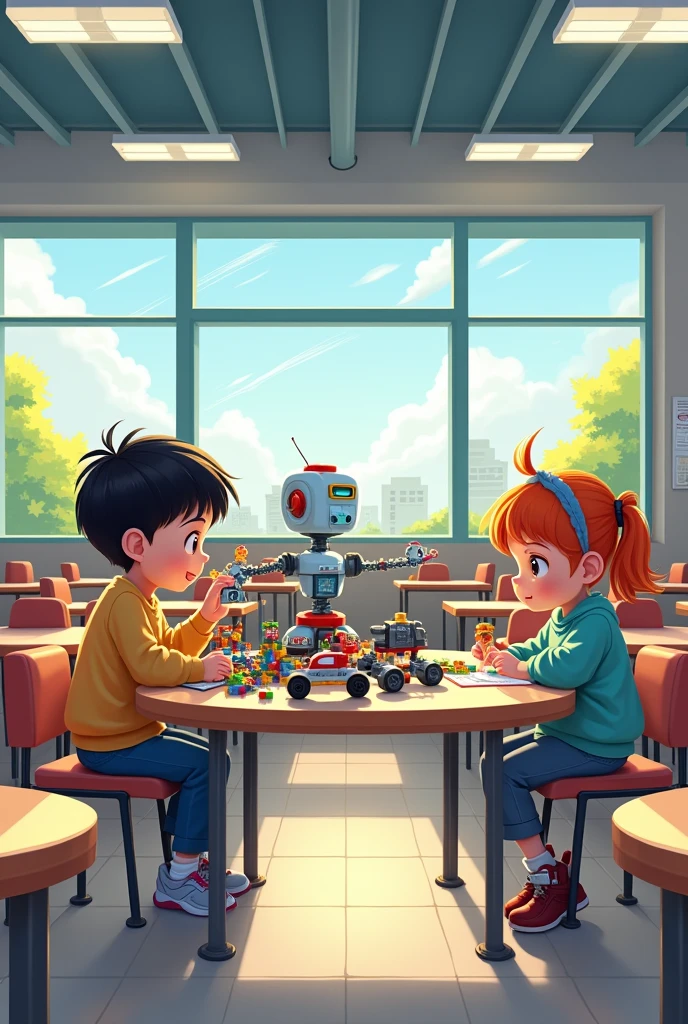 Anime drawing of ren boys and girls building robots with lego, in a large classroom with round tables, colorful robot projects