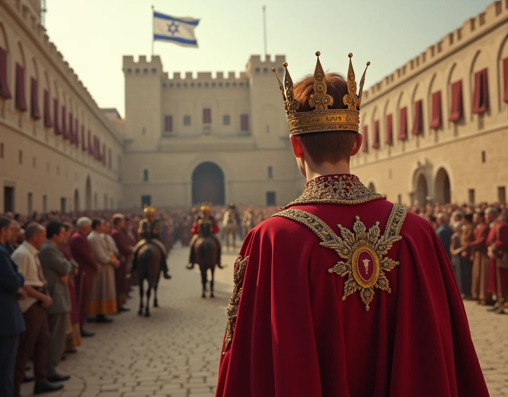 18 year old short haired redhead with a king's crown in front of a crowd on the balcony of his castle being elected king of israel with the israeli flag in the background with people on horses