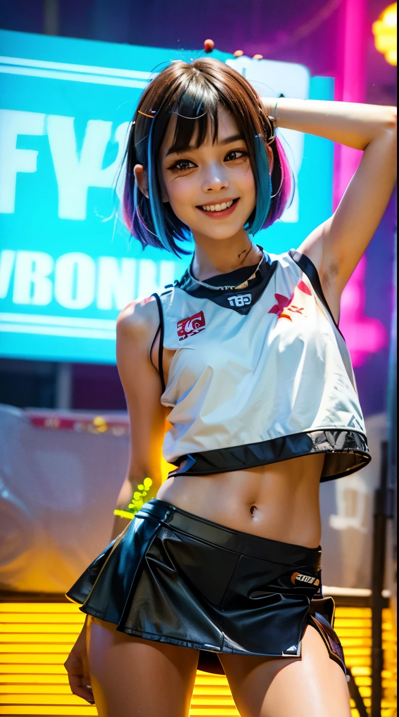 A colorful Bob cut haired punk canadian girl, smooth white skin, innocent look, 15 years old, Ultra high res, uhd, photorealistic, cyberpunk outfit, ripped shirt, wink, smiling ear to ear, neon lighting, crop top vest, wearing short skirt, colorful loose socks, full body shot, beautiful legs, fish eye lens, vogue pose, modeling, playful 