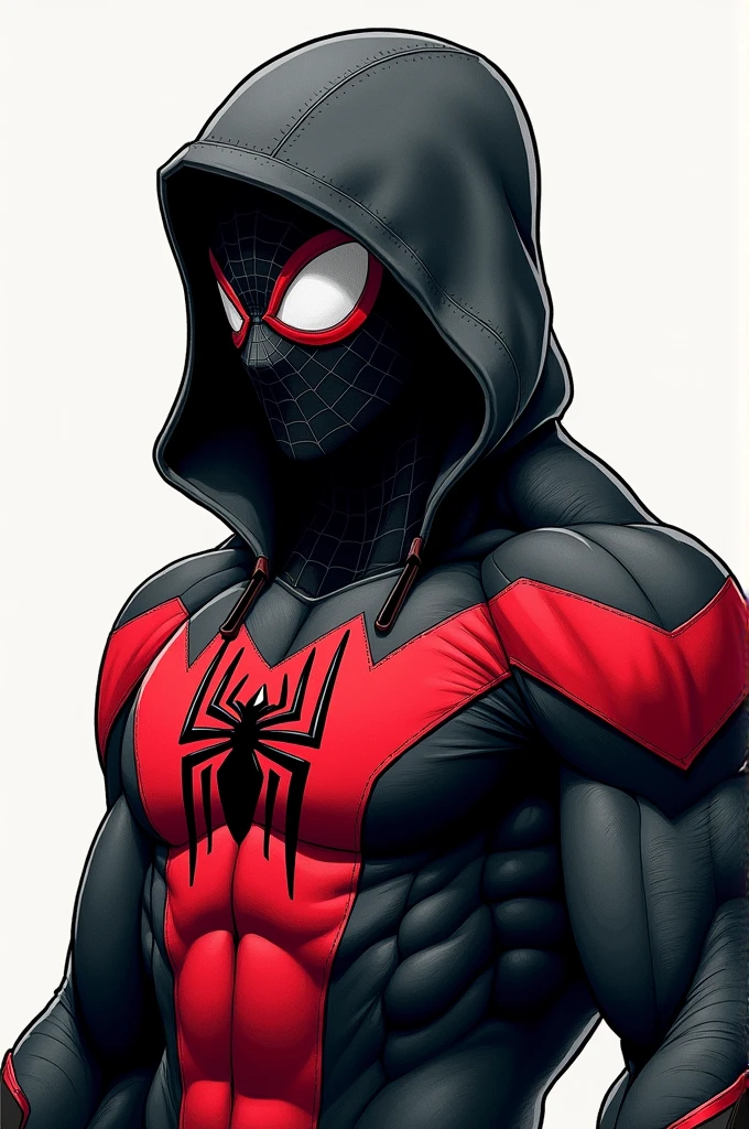 styled: drawning, Spiderman in black and red uniform, with black hood, in a classic spiderman pose 