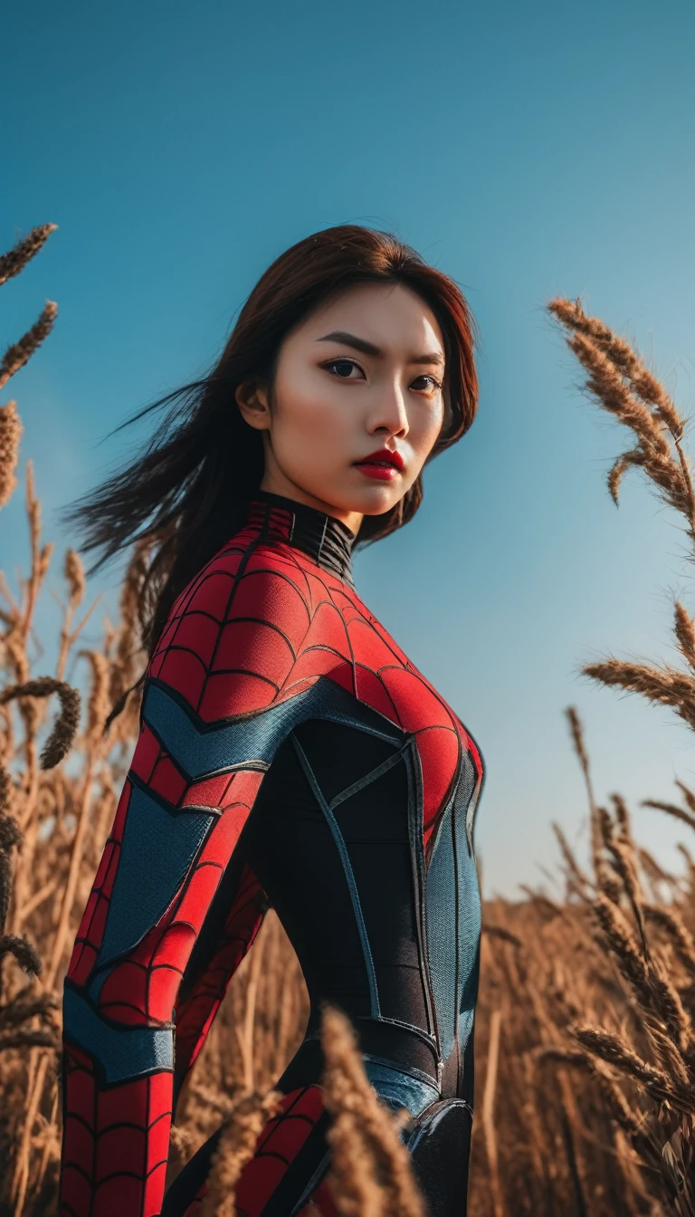 a woman in a spider - man suit standing in the middle of a field with, ( ( spiderwoman ) ), spider woman, spiderwoman!!, spiderwoman!!!!!, asian female, in style of ren hang, ig model | artgerm, 8k artgerm bokeh, artgerm moody photography, portrait of modern darna, 8k artistic portrait photography, marvel character, cinematic goddess shot, asian decent, asian descend, inspired by Ric Nagualero, inspired by Ren Hang, lara croft as spiderwoman, aesthetic portrait, inspired by Byron Galvez