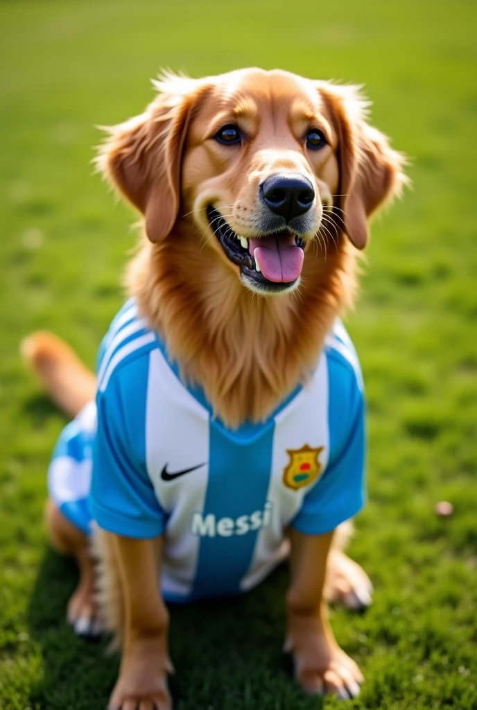 A golden retriever wearing a Messi shirt from the Argentine national team and on the green grass