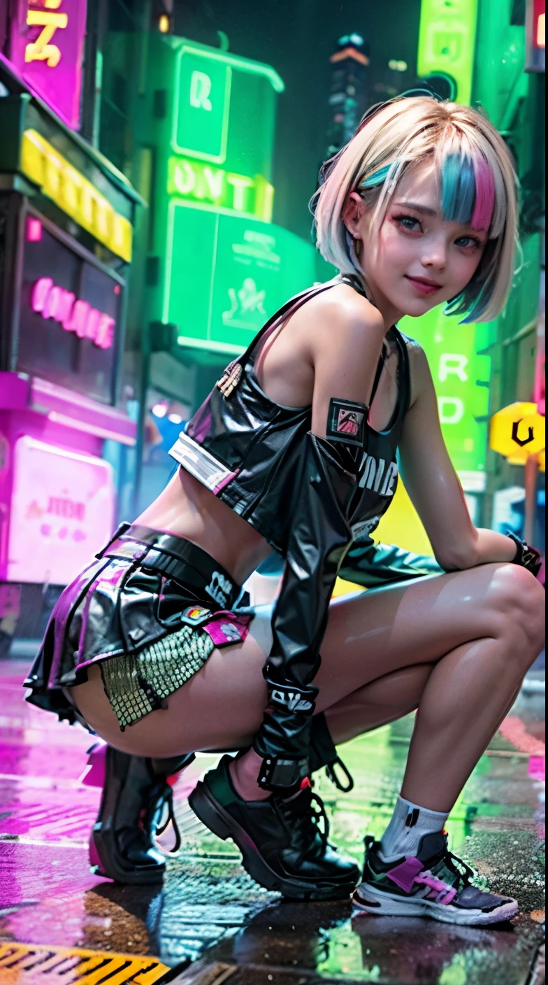 A colorful Bob cut haired punk canadian girl, smooth white skin, innocent look, , Ultra high res, uhd, photorealistic, cyberpunk outfit, ripped shirt, wink, smiling ear to ear, neon lighting, crop top vest, wearing short skirt, colorful loose socks, full body shot, beautiful legs, fish eye lens, vogue pose, modeling, playful