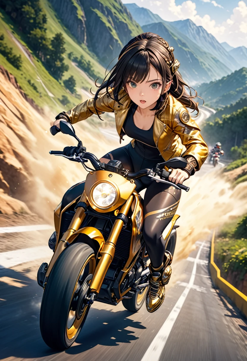 (pov), steampunk style yhmotorbike, 1woman, golden color jacket, open jacket, bike shorts, riding shoes, sprint, multiple angle, full power sprint, ride a motocross, (mountains, public roads), anime picture, art cg, (ultra-detailed:1.3), best quality, illustration, particle lighting, beautiful detailed glow, an extremely delicate and beautiful, gleaming skin, shiny hair, detailed and delicate costumes