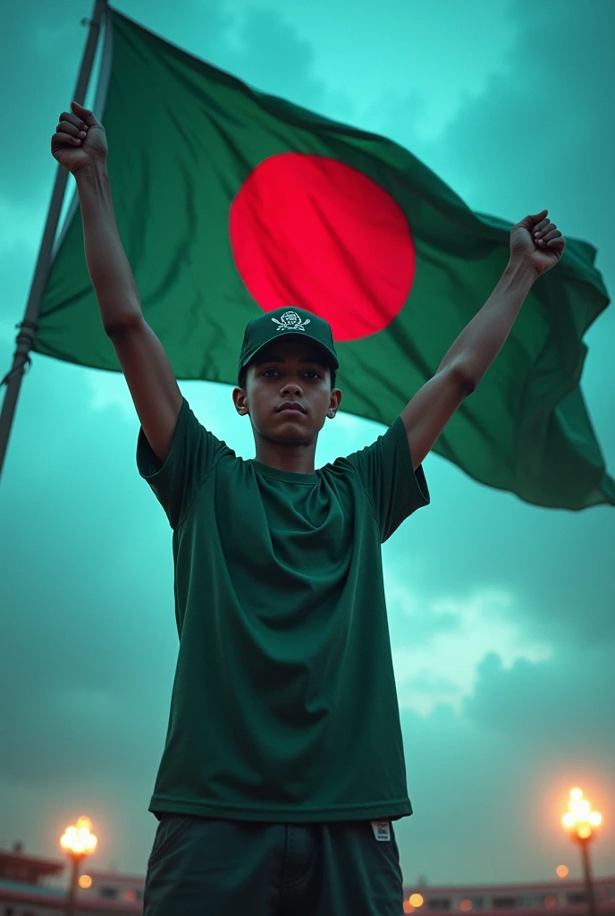 victory 2.0 of bangladesh,A strong boy,18 years old,celebrating,no face, Kalima Shahadat cap on the head,cool color,bangladesh flag on left hand with a stick,In the middle of the red of the flag is written the Kalima Shahadat of the Muslims as it is written in the middle of the Arab flag,background awesome 