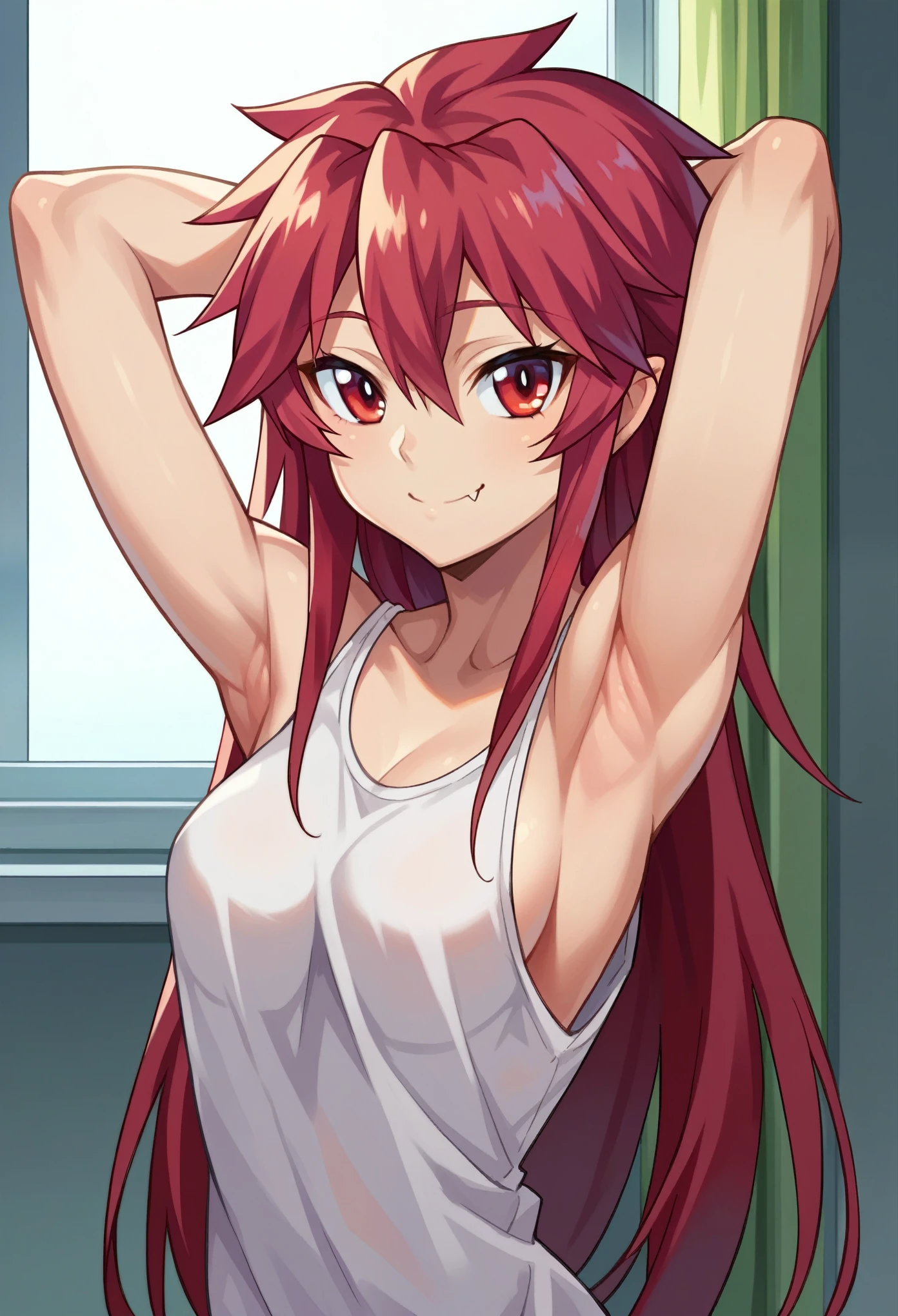 score_9, score_8_up, score_7_up, source_anime, 1girl, solo, 
mari setagaya, human-form, 1girl, solo, long hair, looking at viewer, smile, shirt, red eyes, red hair, fang, indoors, arms behind head, armpits, nude,