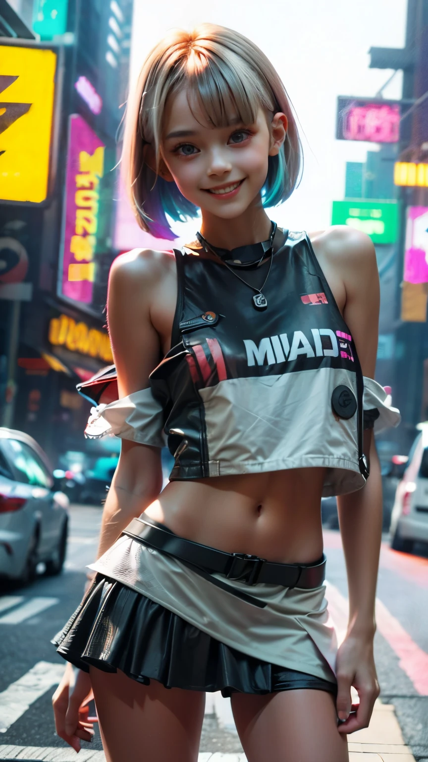 A colorful Bob cut haired punk canadian girl, smooth white skin, innocent look, 15 years old, Ultra high res, uhd, photorealistic, cyberpunk outfit, ripped shirt, wink, smiling ear to ear, neon lighting, crop top vest, wearing short skirt, colorful loose socks, full body shot, beautiful legs, fish eye lens, vogue pose, modeling, playful 