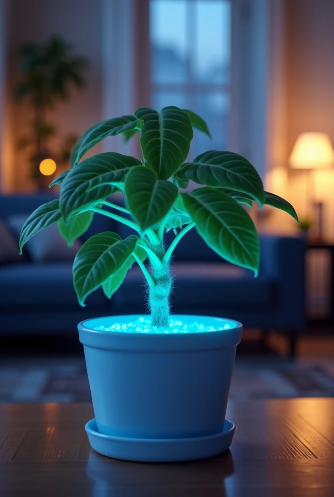 create a 3d ultra high resolution image.
Close up view of a flashing blue sensor in a plantpot, in the background a livingroom