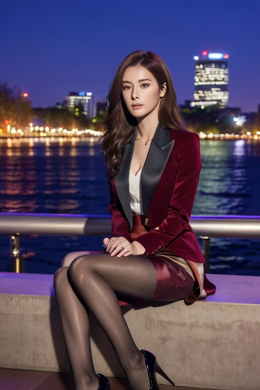 ((Highest quality、Ultra-high resolution、masterpiece))、(Full Body Portrait)、Wine Red Blazer、(shirt)、(Wine Red Long Skirt:1.3)、(silk pantyhose)、High heels、(When sitting, both legs look beautiful.)、1 girl、(Large Breasts)、(Perfect Anatomy, Perfect body, Perfect hands, Perfect Face, Perfect Eyes, Accurate, Anatomically correct), Perfectly clear and sharp focus, ((Highest quality、Ultra-high resolution, masterpiece, Ultra-realistic))、Modern architecture at night on the background、Professional Lighting