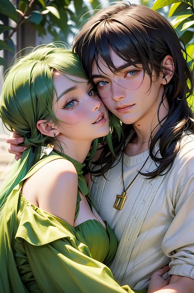 Portrait of a young, brunette couple in a warm setting, the INFJ man with rich, green hair and striking green eyes, his vibrant green attire enhancing his olive skin. He wraps his arm around the ENFJ woman, her dark skin glowing against the deep green of her dress, her glossy brown hair cascading down her back. Their bodies are pressed together, their faces filled with adoration and contentment as they share a tender moment of affection and connection