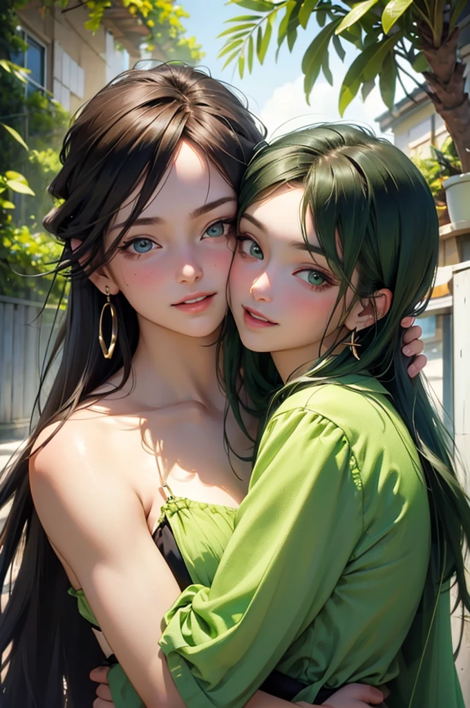 Portrait of a young, brunette couple in a warm setting, the INFJ man with rich, green hair and striking green eyes, his vibrant green attire enhancing his olive skin. He wraps his arm around the ENFJ woman, her dark skin glowing against the deep green of her dress, her glossy brown hair cascading down her back. Their bodies are pressed together, their faces filled with adoration and contentment as they share a tender moment of affection and connection