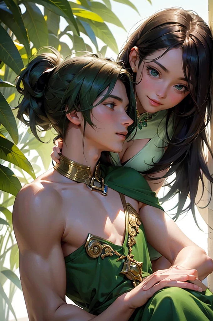 Portrait of a young, brunette couple in a warm setting, the INFJ man with rich, green hair and striking green eyes, his vibrant green attire enhancing his olive skin. He wraps his arm around the ENFJ woman, her dark skin glowing against the deep green of her dress, her glossy brown hair cascading down her back. Their bodies are pressed together, their faces filled with adoration and contentment as they share a tender moment of affection and connection