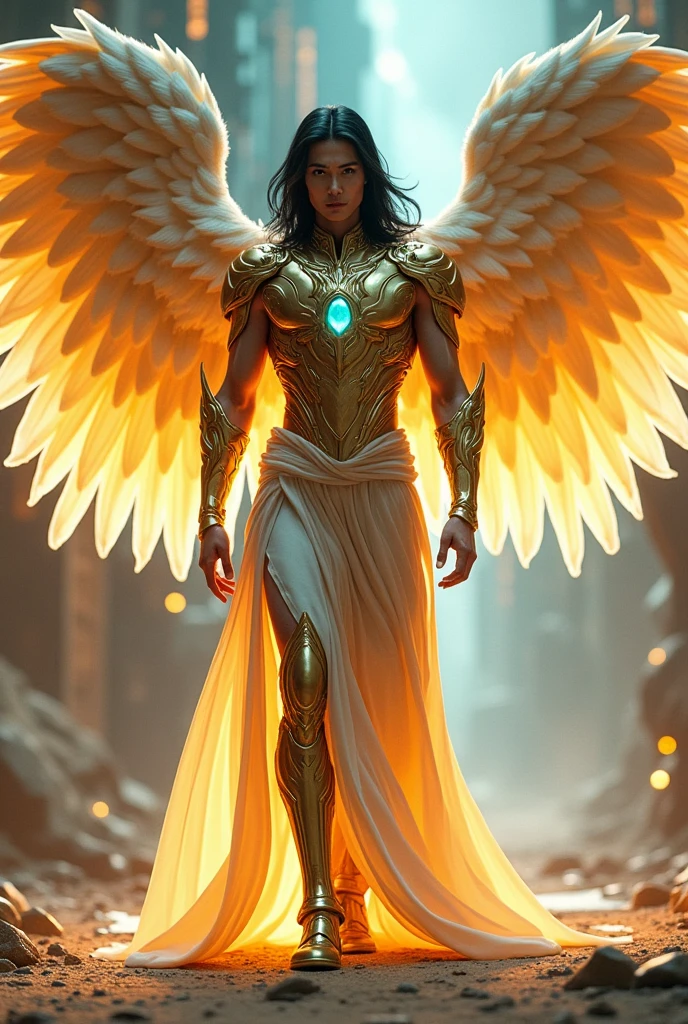 (best quality,4k,8k,highres,masterpiece:1.2),ultra-detailed,(realistic,photorealistic,photo-realistic:1.37),intricate detailed cybenchanting male Archangel, Japanese man features mechanical , desert setting, Marvel superhero style, handsomely beautiful detailed eyes, in his mid-30s with a strong Japanese features appearance, long flowing black hair, built in shimmery gold-plated armor, enchanting on his shoulders and chest, body and large wings gold and white on his back. shimmery gold and white outfit , large wings. He has chiseled abs, a muscular build, and large biceps, standing at 11'8" tall. The image should capture Chamuel the Archangel man walking throughout desert, with an ethereal glow and serene beauty, extremely detailed face and eyes, emerald blue eyes long eyelashes, futuristic scene, glowing neon lights, advanced technology, gritty industrial environment, moody lighting, dramatic shadows