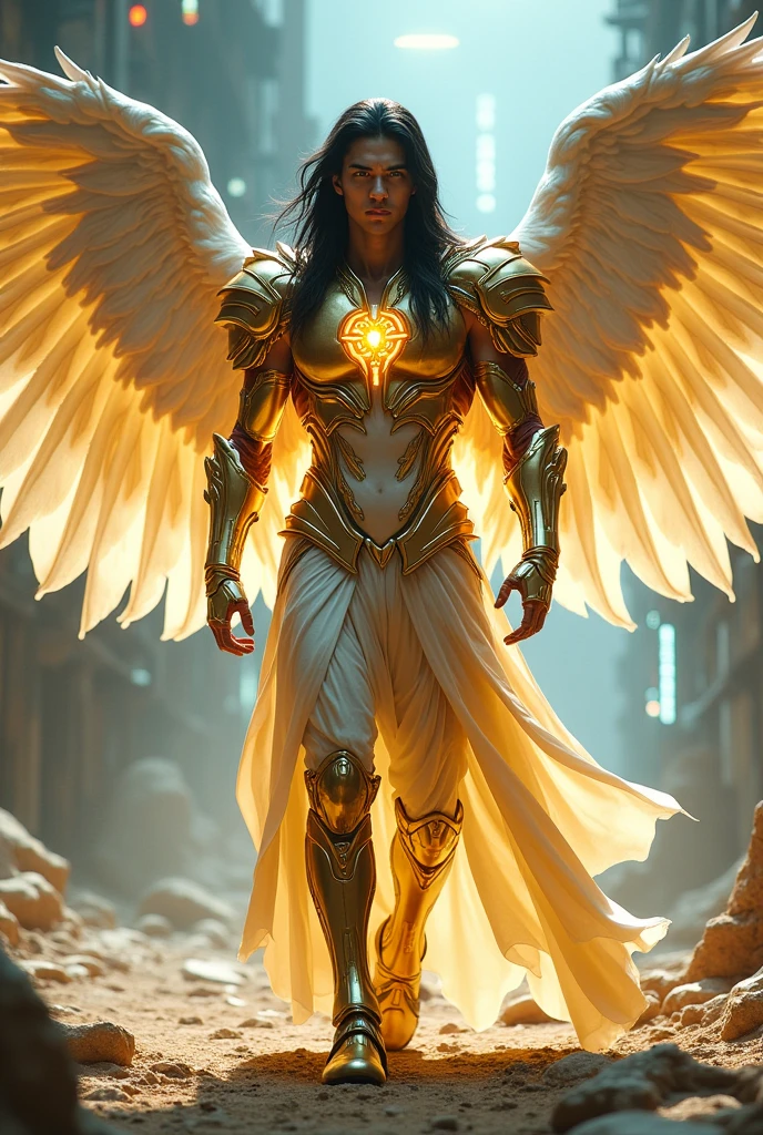 (best quality,4k,8k,highres,masterpiece:1.2),ultra-detailed,(realistic,photorealistic,photo-realistic:1.37),intricate detailed cybenchanting male Archangel, Japanese man features mechanical , desert setting, Marvel superhero style, handsomely beautiful detailed eyes, in his mid-30s with a strong Japanese features appearance, long flowing black hair, built in shimmery gold-plated armor, enchanting on his shoulders and chest, body and large wings gold and white on his back. shimmery gold and white outfit , large wings. He has chiseled abs, a muscular build, and large biceps, standing at 11'8" tall. The image should capture Chamuel the Archangel man walking throughout desert, with an ethereal glow and serene beauty, extremely detailed face and eyes, emerald blue eyes long eyelashes, futuristic scene, glowing neon lights, advanced technology, gritty industrial environment, moody lighting, dramatic shadows