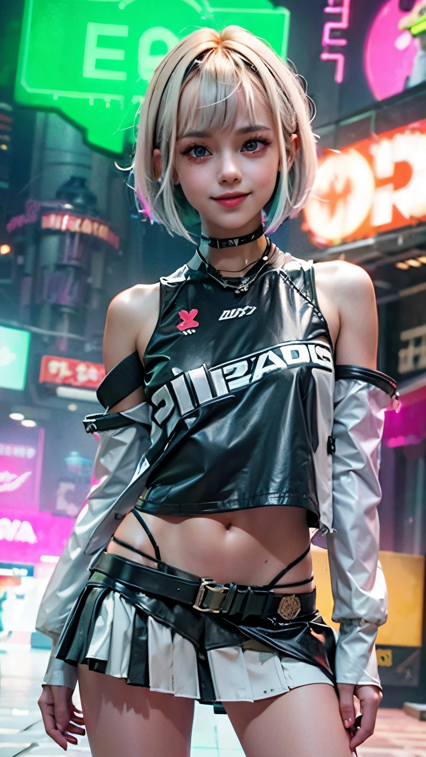 A colorful Bob cut haired punk canadian girl, smooth white skin, innocent look, 15 years old, Ultra high res, uhd, photorealistic, cyberpunk outfit, ripped shirt, wink, smiling ear to ear, neon lighting, crop top vest, wearing short skirt, colorful loose socks, full body shot, beautiful legs, fish eye lens, vogue pose, modeling, playful 