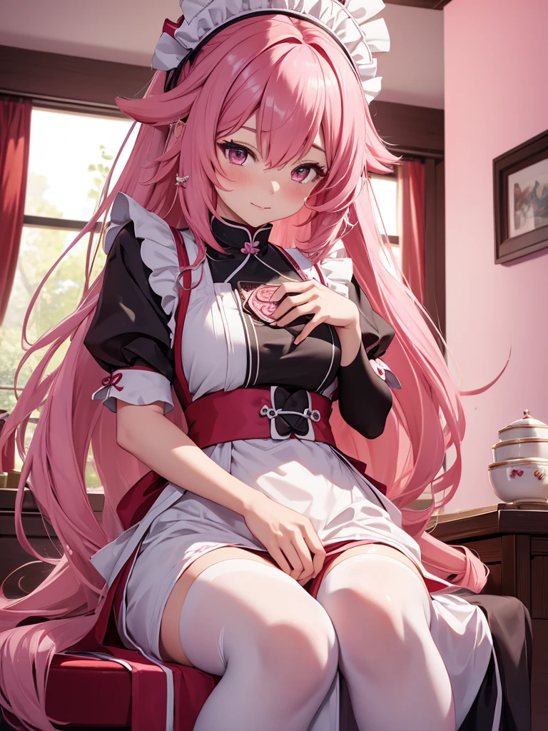 (Yae miko), 1girl, as a maid, wearing a maid outfit, at a home, pink colour hair, 8k, high detailed, high quality