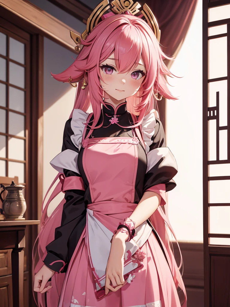 (Yae miko), 1girl, as a maid, wearing a maid outfit, at a home, pink colour hair, 8k, high detailed, high quality
