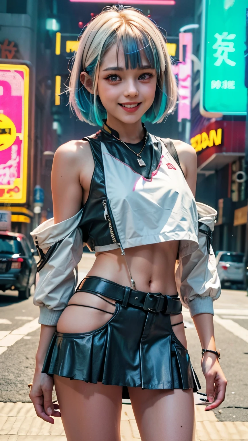 A colorful Bob cut haired punk canadian girl, smooth white skin, innocent look, , Ultra high res, uhd, photorealistic, cyberpunk outfit, ripped shirt, wink, smiling ear to ear, neon lighting, crop top vest, wearing short skirt, colorful loose socks, full body shot, beautiful legs, fish eye lens, vogue pose, modeling, playful 