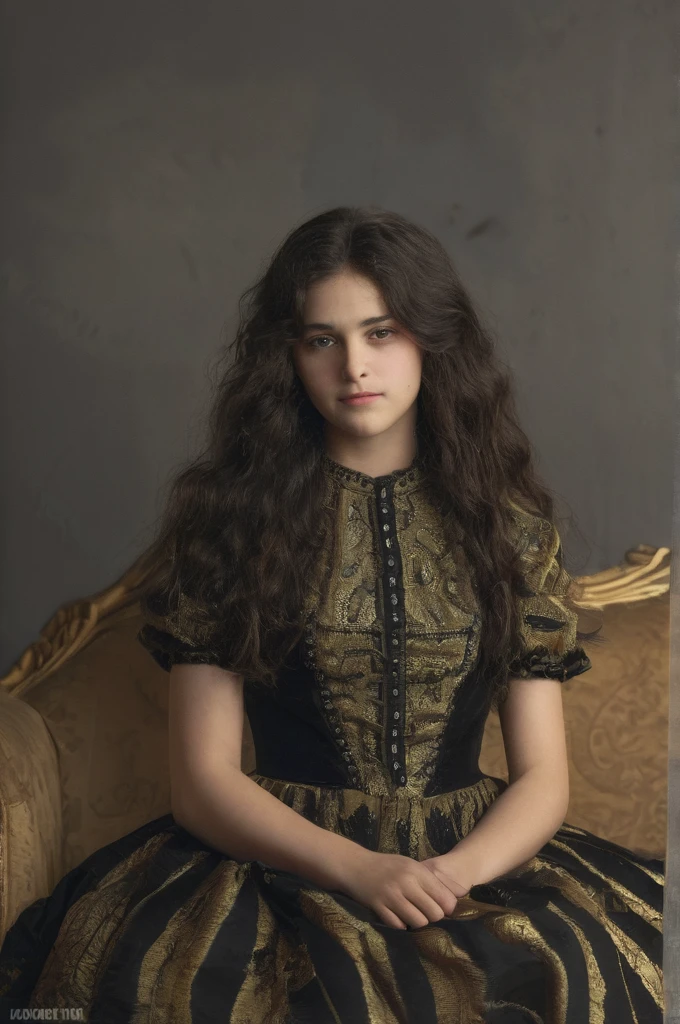 leogirl,RAW photo,realistic,hyperrealistic,photorealistic,high resolution,
masterpiece,best quality,high detail,top quality,asthetic,
An elegant girl 13 years old,long black wavy hair and a mocking smile,from the Victorian period,Real skin can see pores,lounging in a golden sofa,wearing the iconic Victorian dress,(vivid colours dress:1.2),(intricated detail dress:1.1),blurred background,upper body,chiaroscuro effect