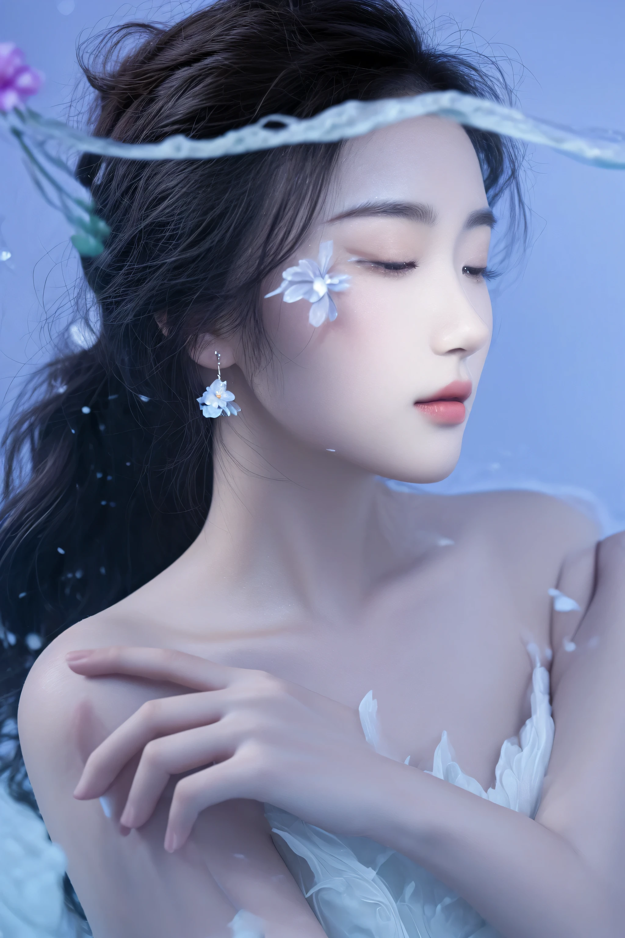 arafed woman in a white dress with a flower in her hair, closeup fantasy with water magic, queen of the sea mu yanling, inspired by Zhang Yan, with frozen flowers around her, real photoshoot queen of oceans, jingna zhang, inspired by Yun Du-seo, ethereal beauty, inspired by Huang Ji, inspired by Ai Xuan