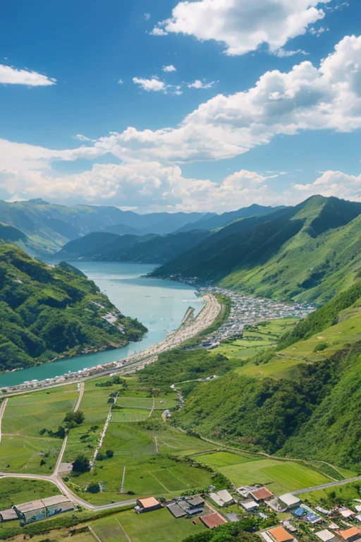 landscape,Anime Style,Films by Makoto Shinkai,Spectacular views,A Testing Ground,Vast views from the sky,Ruined Town,lush nature,Grasslands and Rivers