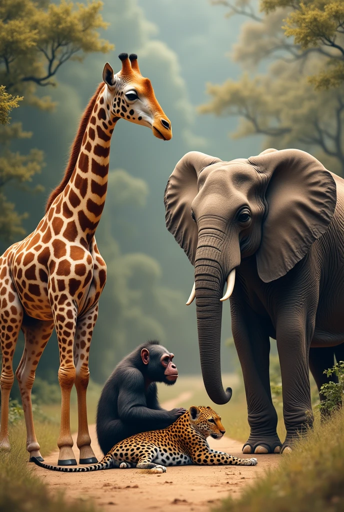 a meeting of the following animals giraffe, lobo, chimpace, Elephant, leopard