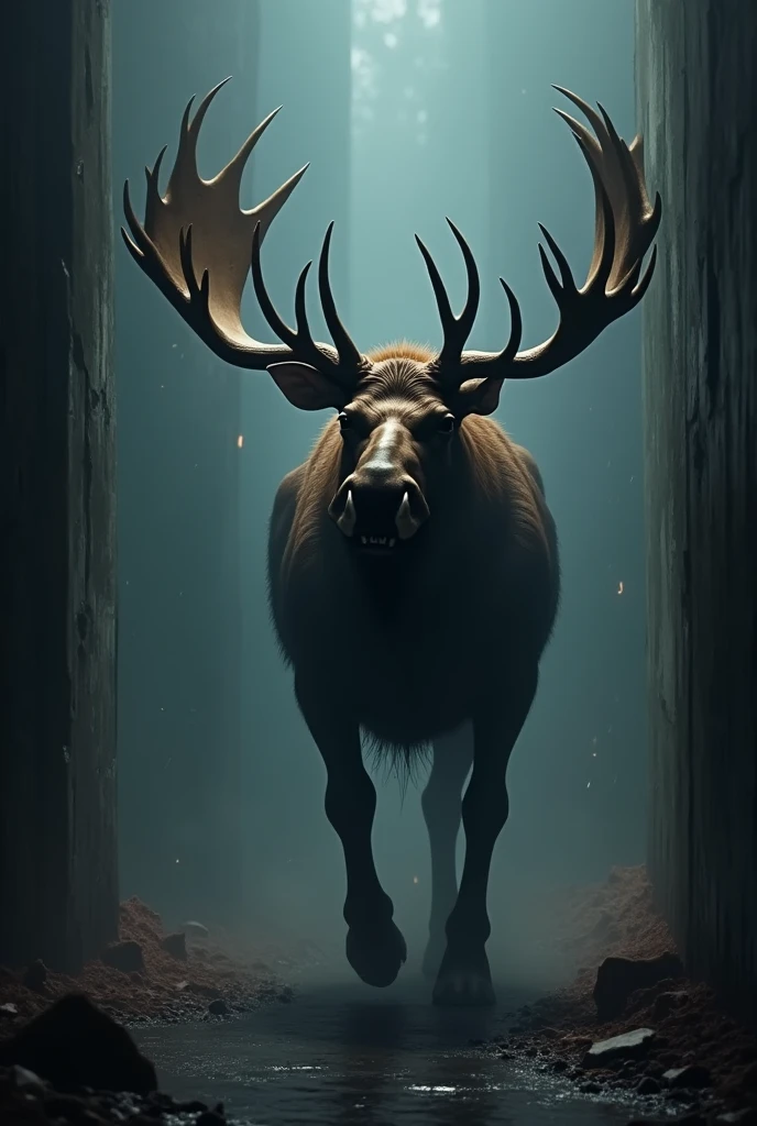 Scary standing moose running in the corner of the screen