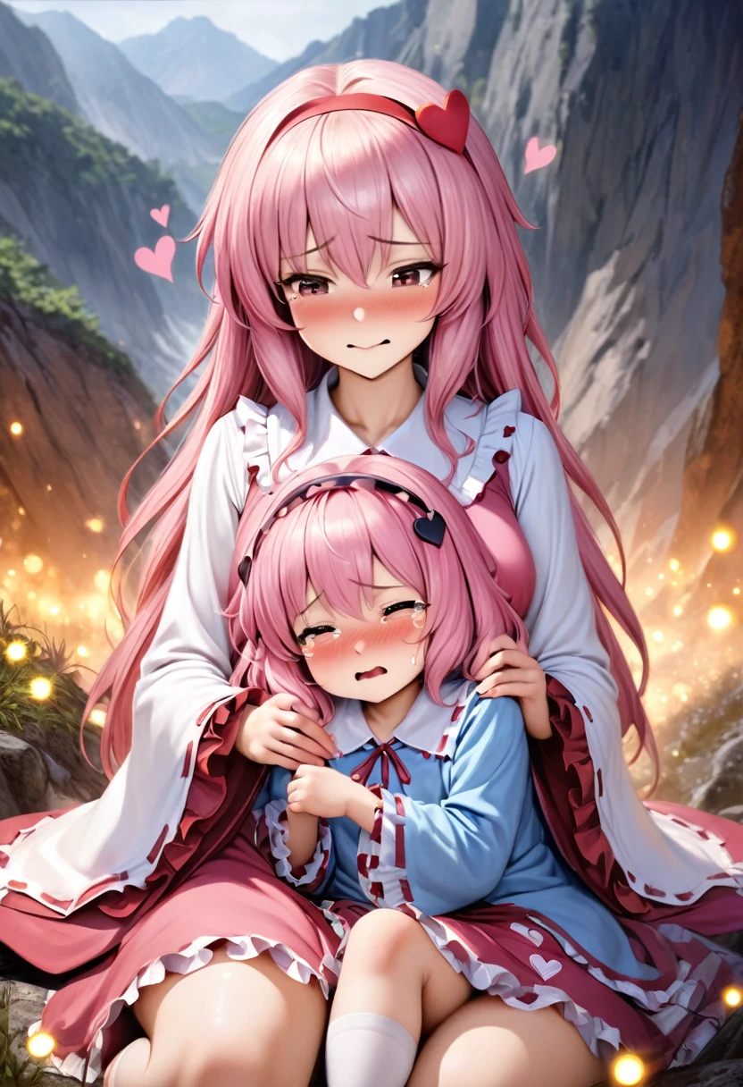 animetoreal, (mother and daughter, age_difference,size_difference), listening to the heartbeat , hugging each other,grabbing tit,(Cum on body), embarrassed,blush,tears in eyes, sweat, , masterpiece, best quality, very aesthetic, absurdres, ,komeiji_satori(touhou), pink_hair, hairband, heart_hair_ornament, blouse, blue_shirt, heart_buttons, frilled_shirt_collar, frilled_sleeves, frills, long_sleeves, wide_sleeves, pink_skirt, mary_janes, white_socks, red_footwear,in the mountain,glowing stardust frontground,fantasy,sparkling,fireflies,