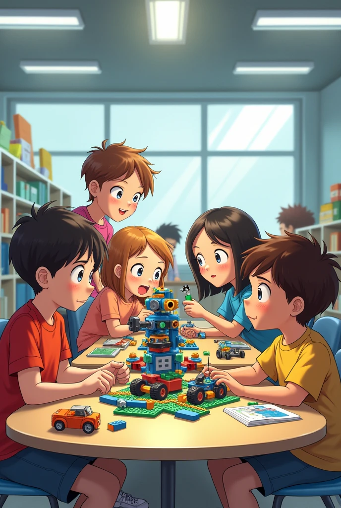 Anime drawing of children boys and girls, with various ethnicities, building robots with lego, in a large classroom with round tables, colorful robot projects