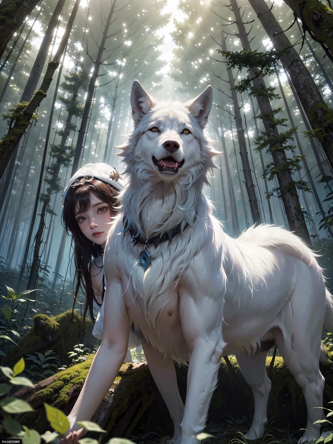 Create a detailed and mystical image of San, the protagonist from Princess Mononoke, riding a large, white wolf through a dense, ancient forest. The scene should capture the magical and ethereal atmosphere of the forest, with tall, moss-covered trees, and shafts of light filtering through the thick canopy. San should be depicted in her iconic attire: a white fur cloak, tribal markings on her face, and a determined, fierce expression. The white wolf should appear powerful and majestic, with a calm but alert demeanor. The overall mood should convey a deep connection between San, the wolf, and the natural world around them, evoking the spirit of the forest