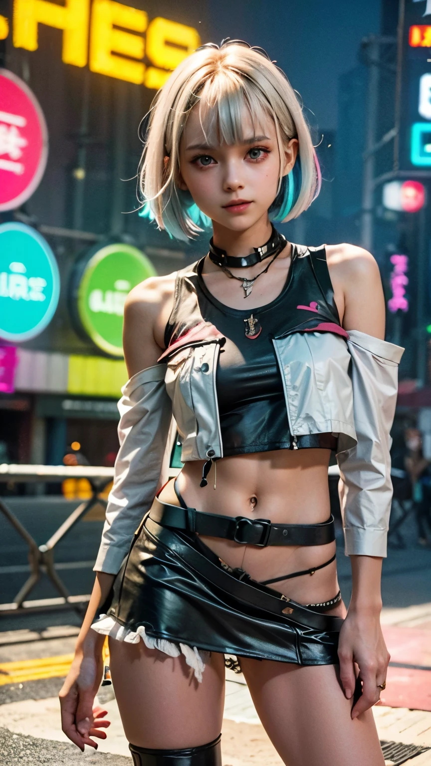 A colorful Bob cut haired punk canadian girl, smooth white skin, innocent look, 15 years old, Ultra high res, uhd, photorealistic, cyberpunk outfit, ripped shirt, wink, playful enticing expression, neon lighting, crop top vest, wearing short skirt, colorful loose socks, full body shot, beautiful legs, fish eye lens, vogue pose, modeling, playful 