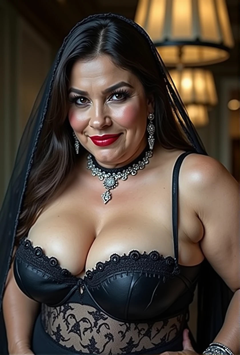 Big chubby aunty, milf, cougar lady witch, horny Gothic milf, 70 years old gorgeous mature lady, pervert demoness, demoness of lust, curvy, red lips, horny face, extremely gorgeous, thick figure, heavy physique, voluptuous, curvy, sexy figure, Fashionable portrait of androgynous alien looking witch wearing veil, glowing eyes, futuristic design, minimal details, givenchy, photoreal, 200mm, hd, f/ 2.0, highly detailed, surreal, sexy beautiful evil woman, sexy bold sequin red Saree with strapless Bra, chudail, Pishachini, horror genre, blood-thirsty enchantress, powerful female spirit, eerie, drop dead, in the style of red and blue, (intricate details, hyperdetailed:1.15) (skin texture:1.2), dark Moody tone, cinematic lighting, haunted place in background,