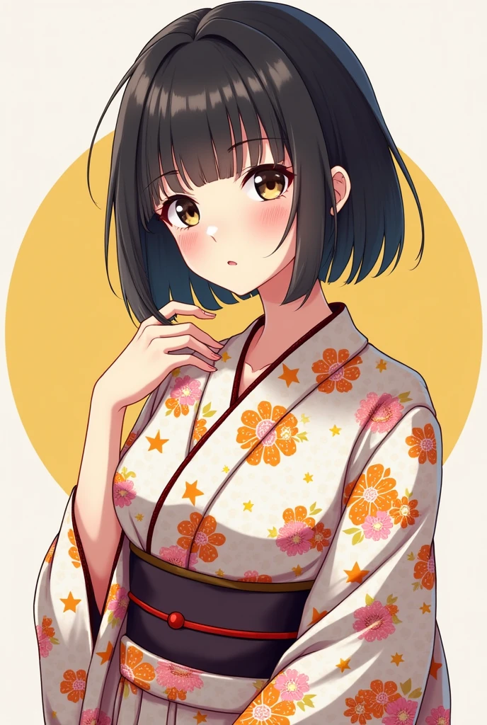 Japanese woman with black bob hair、Illustration of a girl in a yukata with her pussy exposed。 Make your pussy stand out。