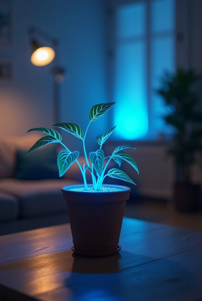 create a 3d ultra high resolution image.
Close up view of a flashing blue sensor in a plantpot, in the background a livingroom