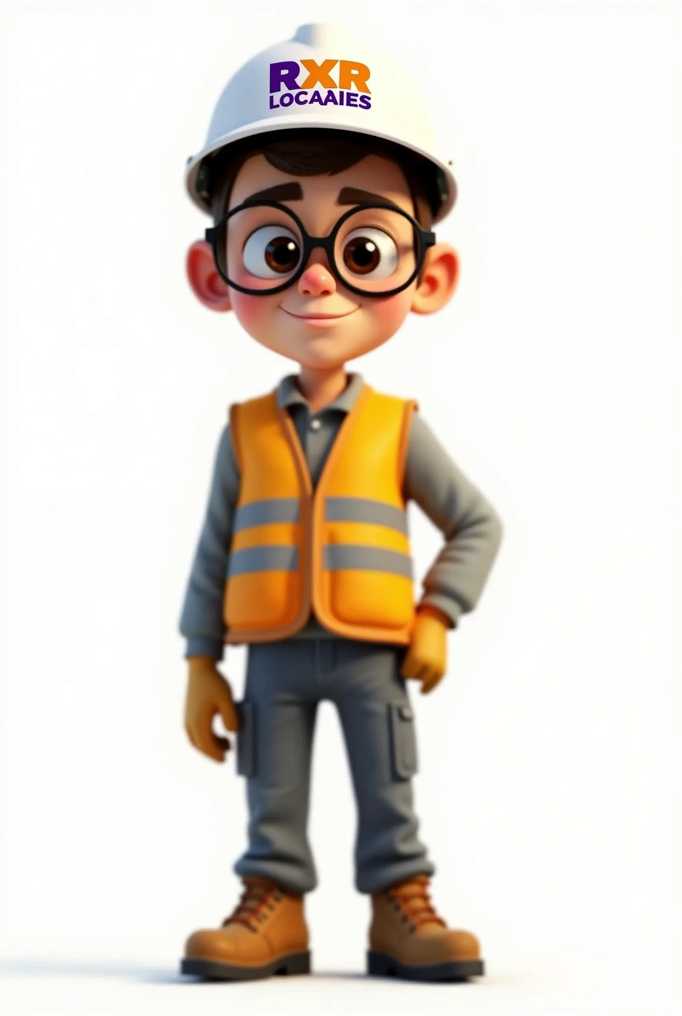 Pixar-style image of a 30-year-old construction worker. The character has fair skin, large and expressive brown eyes. He is wearing a white helmet with the 'RXR Locações' logo, which features bold purple and orange letters. The character also has clear safety glasses and hearing protection. He is dressed in a yellow high-visibility vest with reflective stripes over a gray long-sleeved shirt, gray pants with reflective stripes and safety boots. The overall layout is simple, with the character centered on a plain white background.