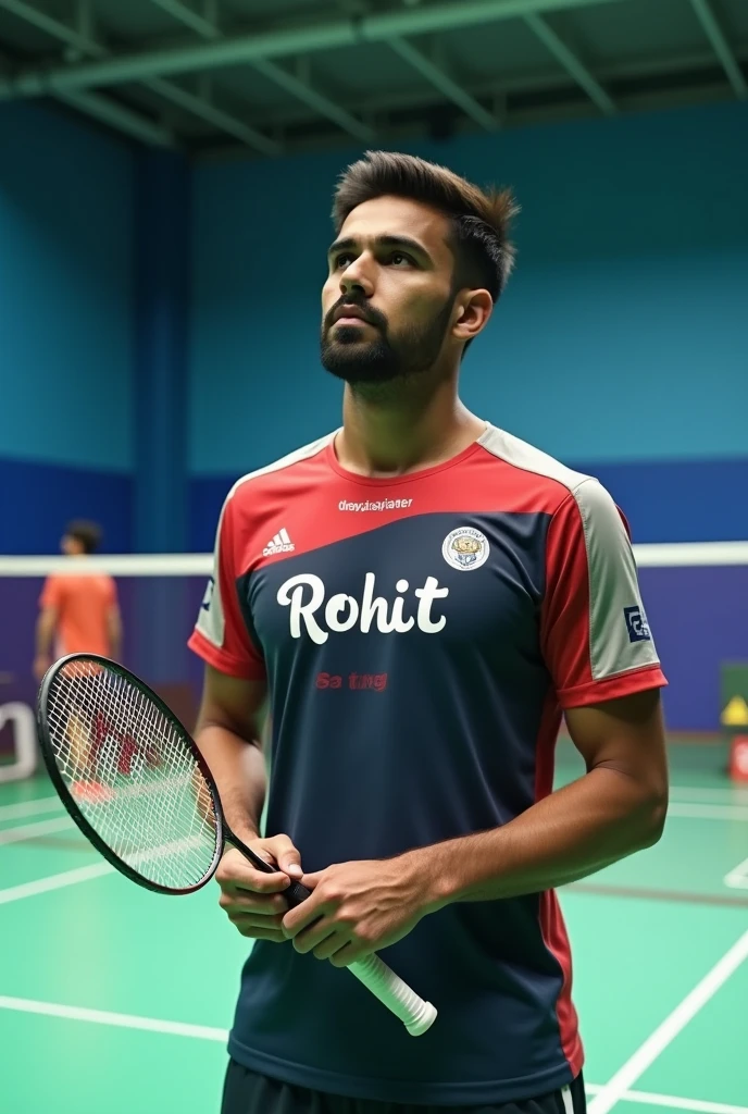 A man
stand in badminton court and hold badminton in hand he were Rohit name jersey
