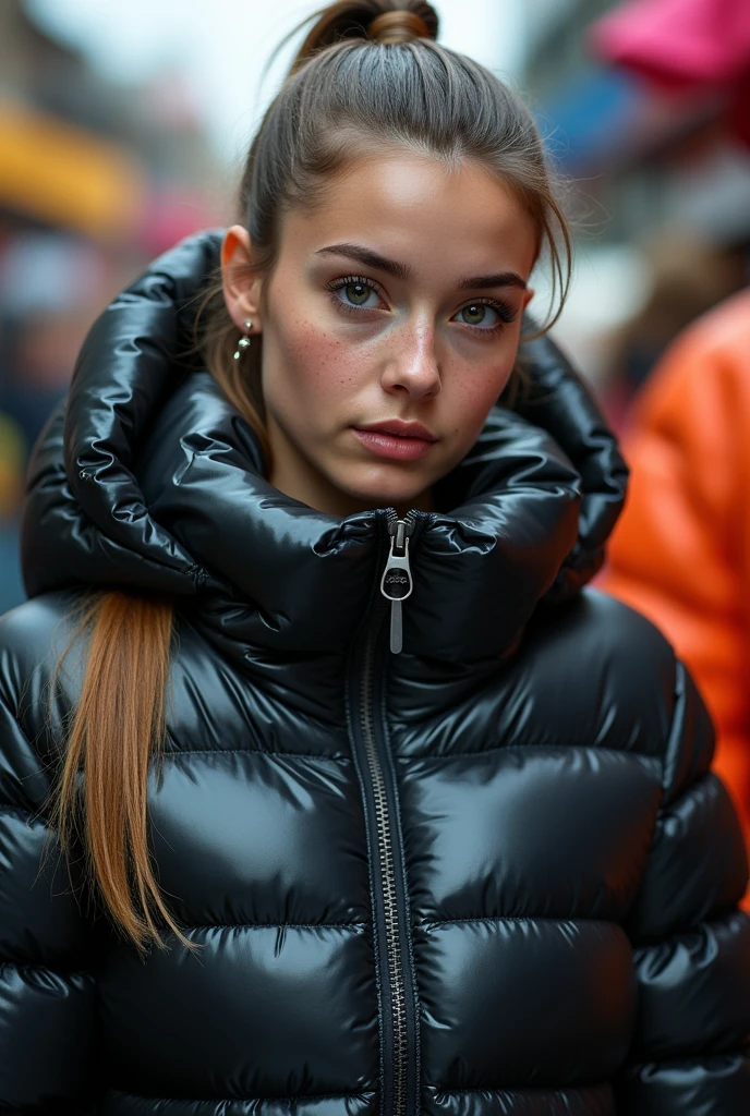 a slim ponytail 16 year old girl,beautiful detailed eyes,beautiful freckles,beautiful detailed lips,extremely detailed eyes and face,longeyelashes,in beautiful detailed hooded formfitting duvetica overfilled shiny super gleamy super thick glossy fully-unzipped puffer jacket covering her zipped super padded skisuit,latex stirrup legging,symmetrical,standing in a pufferstore,masterpiece,cinematic,lifelike,hyperrealistic,8k,photorealistic,highly detailed,intricate,exquisite,elegant,beautiful,stunning, head to toes photo,her bestie is stuck in puffer jacket