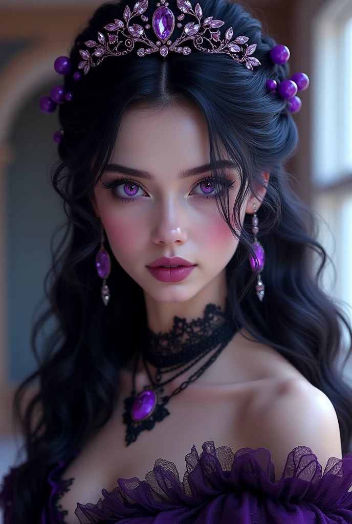  black hair purple and violet highlights in her hair and purple eyes and white skin padia elegant and gothic victorian clothes with tiara in her hair

