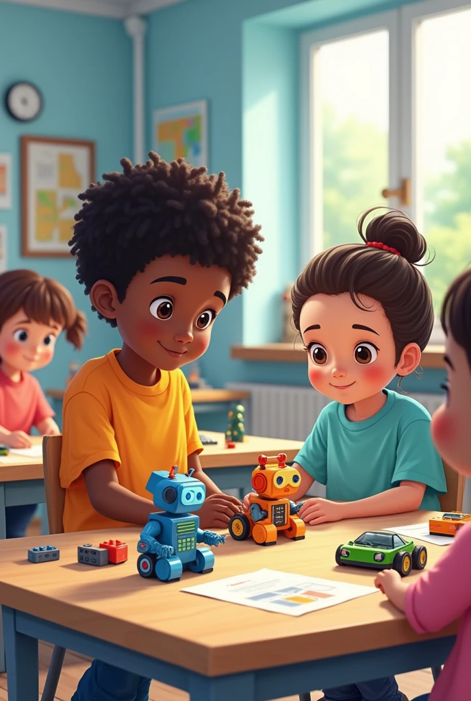 Anime drawing of children boys and girls, with various ethnicities, a black child, building robots with lego, in a large classroom with round tables, colorful robot projects