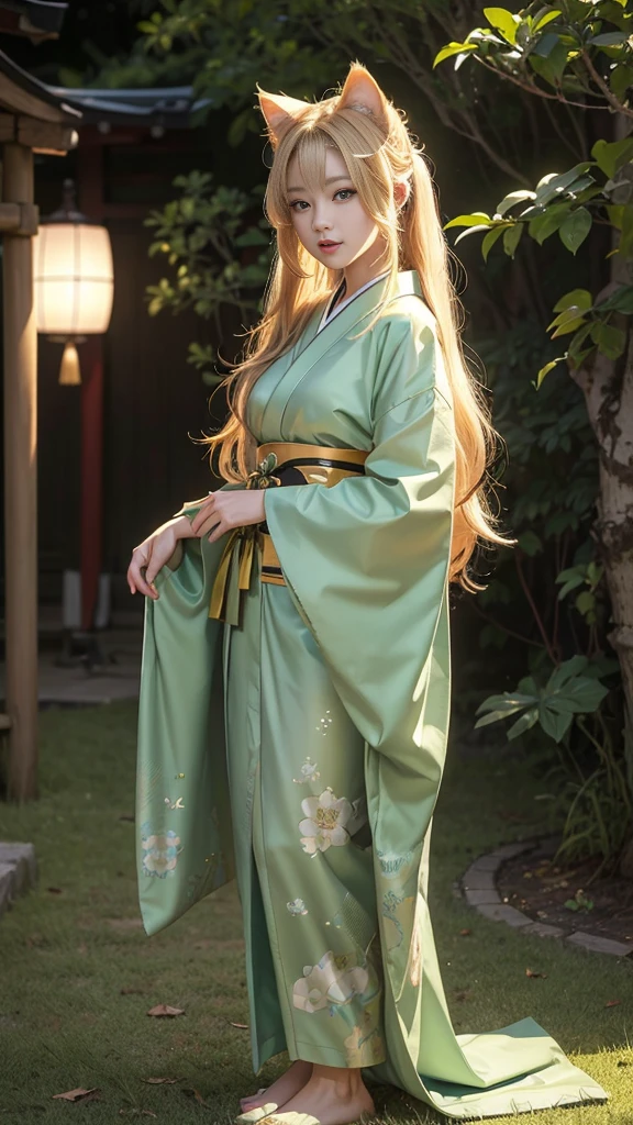 ((masterpiece)), ((highest quality:1.1)), 8k, ((super high resolution:1.2)), ((photorealistic:1.3)), RAW Photos, ((Japanese girl:1.1)), blondie hair and cat ears, old green extensions, hair blowing in the wind, ((glowing skin:1.2)), Oiran Makeup, old green with gold acent kimono, white and green pattern,cat fangs,green eyes,have two tails
This Japanese girl masterpiece showcases the highest quality in its 8k resolution. With a lifelike, photorealistic representation, every detail shines through in its RAW form. The girl is depicted as having long, blondie with cat ears hair that flows in the