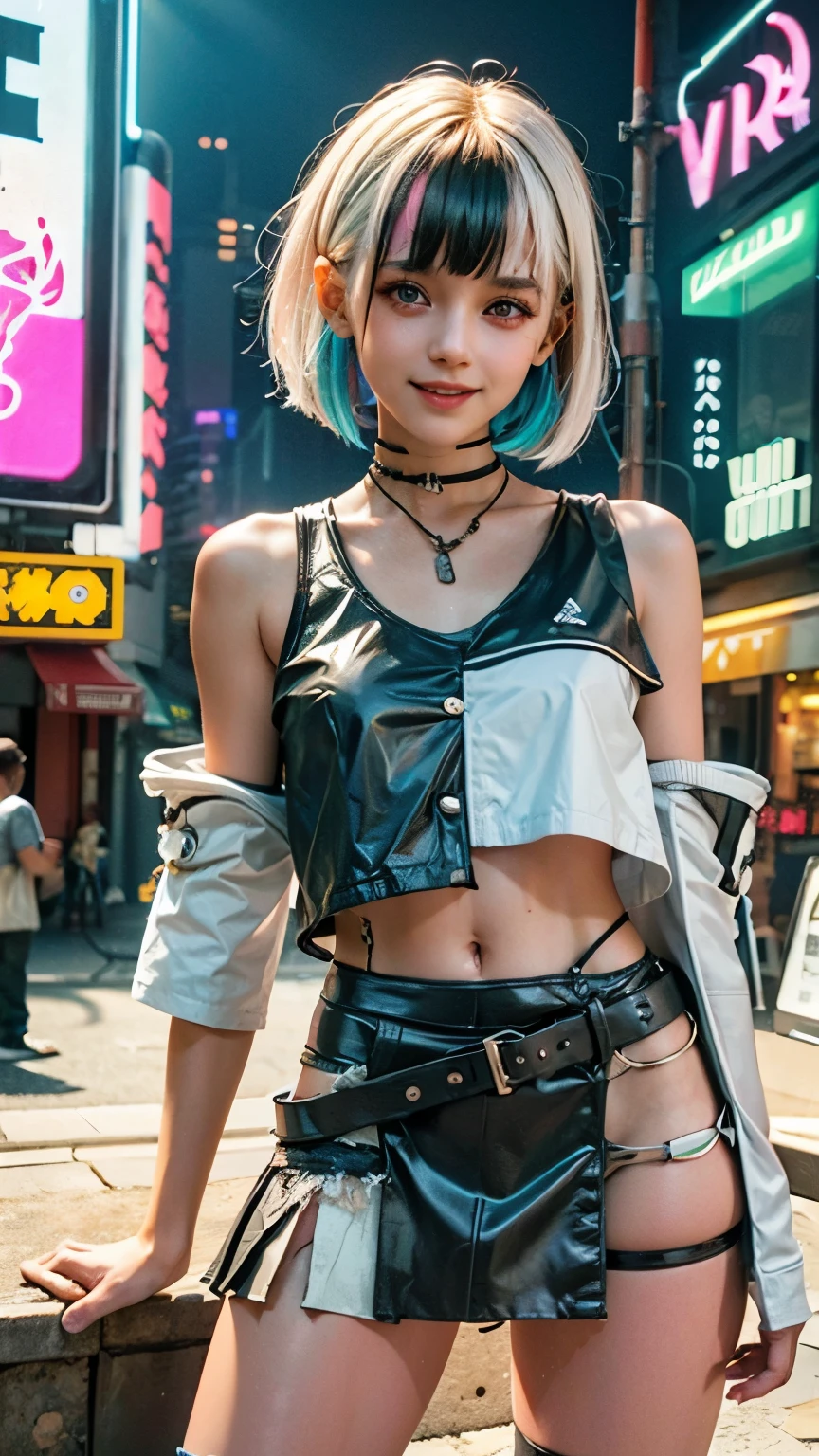 A colorful Bob cut haired punk canadian girl, smooth white skin, innocent look, 15 years old, Ultra high res, uhd, photorealistic, cyberpunk outfit, ripped shirt, wink, smiling ear to ear, neon lighting, crop top vest, wearing short skirt, colorful loose socks, full body shot, beautiful legs, fish eye lens, vogue pose, modeling, playful 