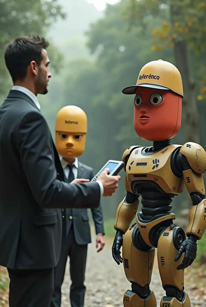 Two pill-shaped characters are in the scene.  One of them has a hat written "Genérico", and looks suspiciously at the other.  The other is on top of a robot armor with the writing: "Referência".  A man in a suit has the robot's remote control, which says: "Referência".