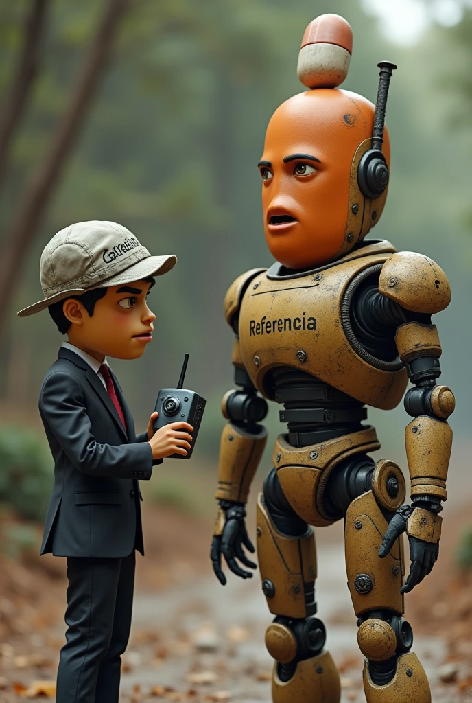 Two pill-shaped characters are in the scene. One of them has a hat written "Genérico", and looks suspiciously at the other. The other is on top of a robot armor with the writing: "Referência". A man in a suit has the robot's remote control, which says: "Referência".