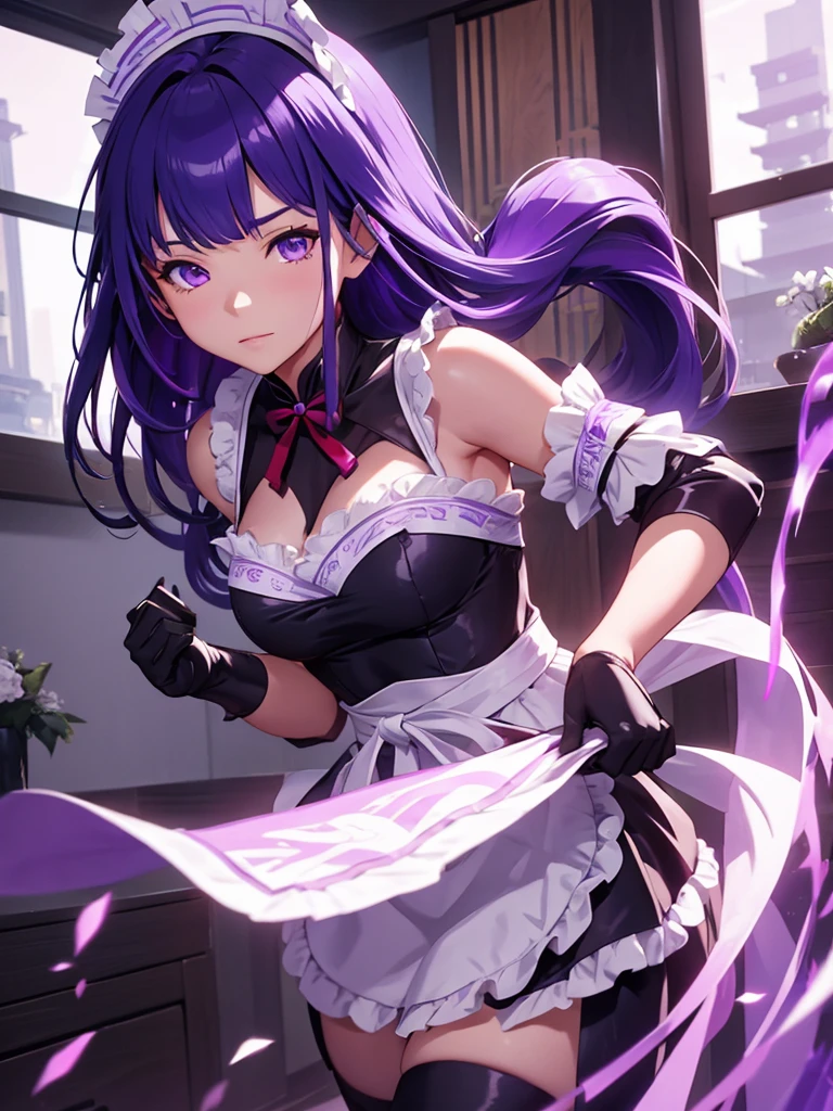 (Raiden shogun), 1girl, as a maid, wearing a maid outfit, at a home, purple colour hair, 8k, high detailed, high quality