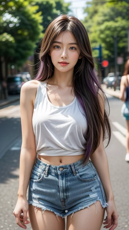 A young woman with long, flowing hair featuring purple highlights poses casually on a city street. She wears a white tank top and distressed denim shorts, showcasing her figure, big breast. The background includes blurred urban scenery with trees lining the roadside, and soft sunlight highlights her features and the relaxed atmosphere.