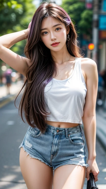 A young woman with long, flowing hair featuring purple highlights poses casually on a city street. She wears a white tank top and distressed denim shorts, showcasing her figure, big breast. The background includes blurred urban scenery with trees lining the roadside, and soft sunlight highlights her features and the relaxed atmosphere.