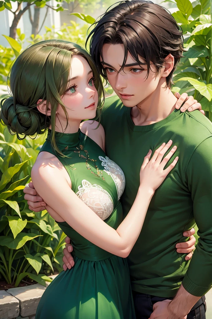 Portrait of a young, brunette couple in a warm setting, the INFJ man with rich, green hair and striking green eyes, his vibrant green attire enhancing his dark olive skin. He wraps his arm around the ENFJ woman, her deep brown skin radiant against the deep green of her dress, her glossy brown hair cascading down her back. Their bodies are pressed together, their faces filled with adoration and contentment as they share a tender moment of affection and connection
