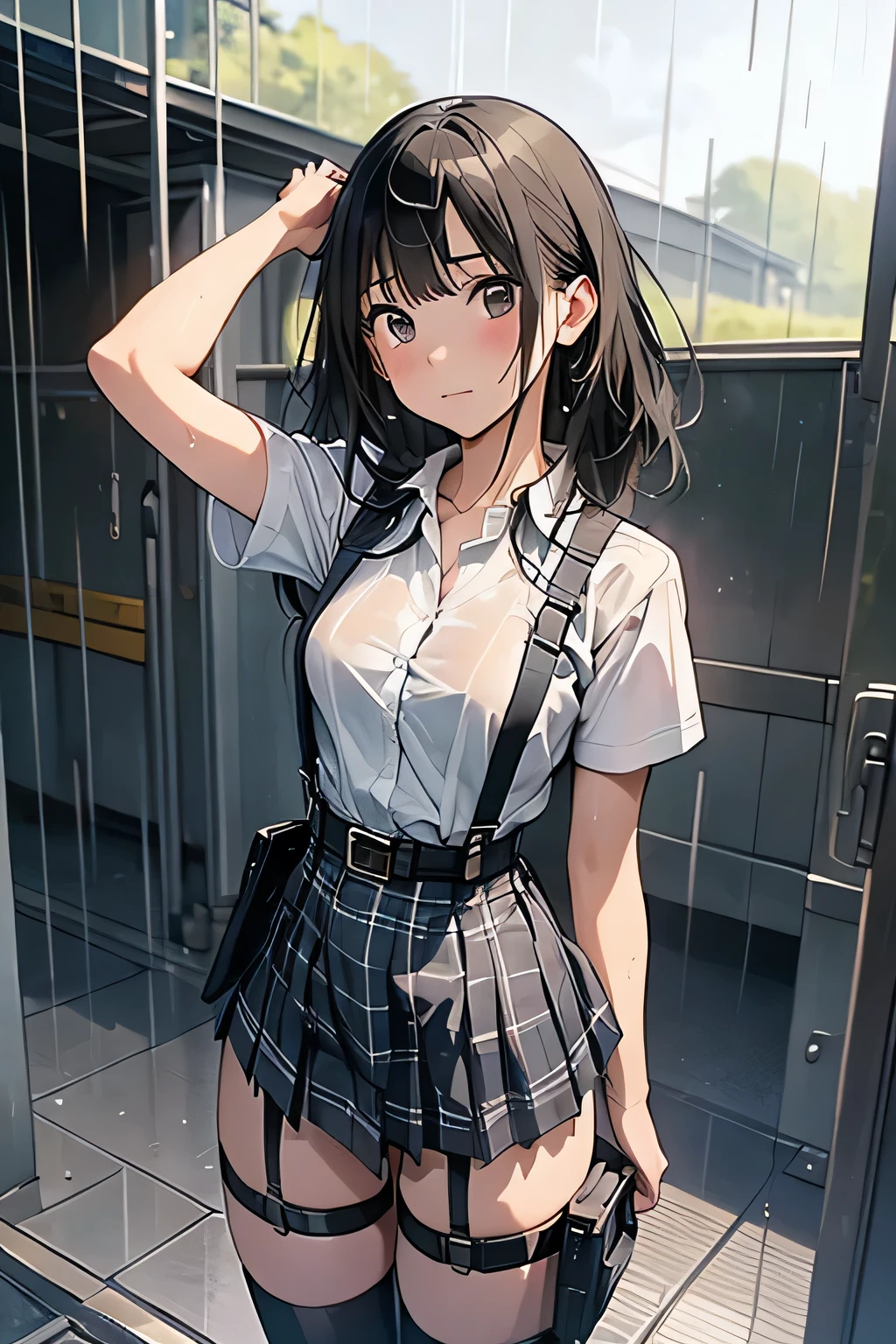 1 female, , high quality, masterpiece, Ultra-high resolution, Cinema Lighting, 1 female, , high quality, masterpiece, Ultra-high resolution, , Cinema Lighting, suspenders　　　Moderate breasts　 　 　　　　　 　　　　Small face　 　　　　　　　　　　　Looking up　　　　Sweat 　　　Thin belt　buzzer　脇Sweat 　　　　 　garter belt　　Belt on pants　　holster　 　　Hands behind your back　 　Looking up　Anxious face　Knee-high　Knee socks　Knee-highソックス 　garter　ふとももにgarter belt　Checkered mini skirt　 　　Panty shot　Skirt gap Armament　　　holster　holster 　　Hands behind your back　 Anxious expression　　Anxious face, legs apart　Armament　　Leg Holster　holster　See-through clothing　heavy rain　Rain-soaked dress shirt,Moderate breasts　ガーターbelt　suspenders　Garter on the thigh　Checkered mini skirt　Looking up　Pause　belt　Armpit sweat　Hands behind back　Raise your hands　heavy rain　See-through　Getting wet in the rain
