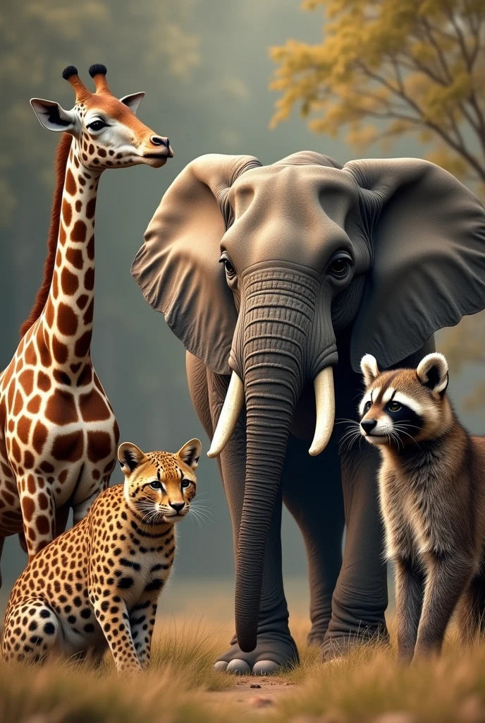 a meeting of the following animals giraffe, lobo, chimpace, Elephant, leopard, Raccoon
