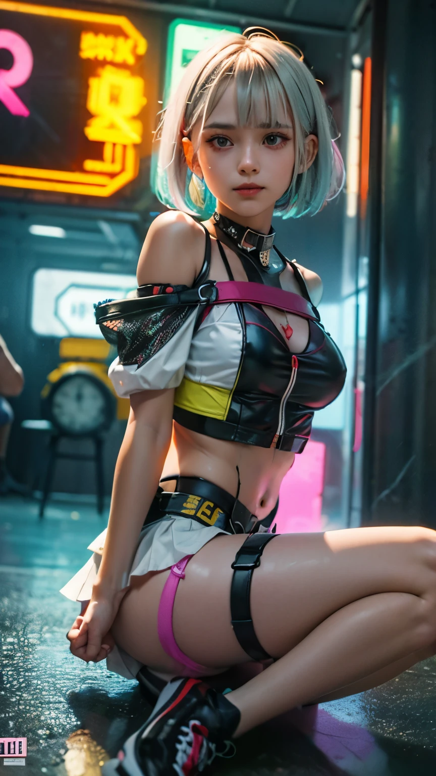 A colorful Bob cut haired punk canadian girl, smooth white skin, innocent look, 15 years old, Ultra high res, uhd, photorealistic, cyberpunk outfit, ripped shirt, wink, playful enticing expression, neon lighting, crop top vest, wearing short skirt, colorful loose socks, full body shot, beautiful legs, fish eye lens, vogue pose, modeling, playful, straps, shibari, bound